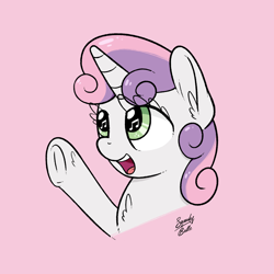 Size: 2000x2000 | Tagged: safe, artist:squeaky-belle, sweetie belle, pony, unicorn, chest fluff, cute, diasweetes, female, filly, high res, mare, open mouth, pink background, raised hoof, signature, simple background, smiling, solo, underhoof, wingding eyes