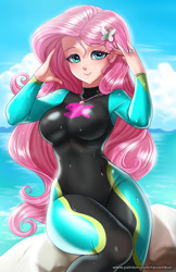 Size: 750x1160 | Tagged: safe, artist:racoonsan, fluttershy, human, equestria girls, equestria girls series, forgotten friendship, adorasexy, anime, barrette, beach, beach babe, beautiful, big breasts, blushing, breasts, clothes, cloud, curvy, cute, equestria girls outfit, eyeshadow, female, geode of fauna, hairclip, hairpin, hootershy, human coloration, humanized, looking at you, makeup, necklace, sexy, shyabetes, sitting, skintight clothes, smiling, solo, stupid sexy fluttershy, swimsuit, wet, wetsuit