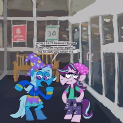 Size: 2048x2048 | Tagged: safe, artist:cate wurtz, derpibooru import, starlight glimmer, trixie, pony, semi-anthro, unicorn, beanie, bench, bipedal, dialogue, equestria girls outfit, hat, mall, text, unamused