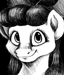 Size: 1664x1964 | Tagged: safe, artist:smirk, apple bloom, earth pony, pony, bust, creepy, female, filly, looking at you, monochrome, ms paint, solo
