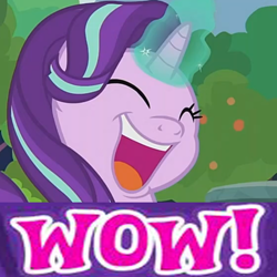 Size: 500x500 | Tagged: safe, edit, edited screencap, screencap, starlight glimmer, pony, unicorn, memnagerie, spoiler:memnagerie, spoiler:mlp friendship is forever, caption, cropped, faic, gameloft, laughing, magic, meme, solo, wow! glimmer
