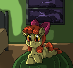 Size: 2248x2108 | Tagged: safe, artist:smirk, apple bloom, earth pony, pony, bed, bedroom, carpet, female, filly, looking at you, night, ominous, shadows, solo, window