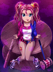 Size: 1000x1366 | Tagged: safe, artist:uotapo, sunset shimmer, equestria girls, adorasexy, alternate hairstyle, baseball bat, belly button, braless, clothes, colored pupils, cosplay, costume, cute, dc comics, female, fishnets, harley quinn, looking at you, looking up, mallet, sexy, solo, suicide squad, sunset quinn, tongue out, torn clothes
