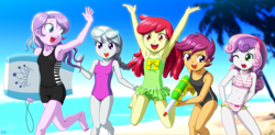 Size: 2031x1000 | Tagged: safe, artist:uotapo, edit, apple bloom, diamond tiara, scootaloo, silver spoon, sweetie belle, equestria girls, adorabloom, armpits, attached skirt, barefoot, beach, belly button, bicolor swimsuit, bikini, black swimsuit, board shorts, clothes, colored pupils, confident, cute, cutealoo, cutie mark crusaders, diamondbetes, diasweetes, embarrassed, feet, female, frilled swimsuit, glasses, green swimsuit, hairband, happy, having fun, island, jumping, midriff, ocean, one eye closed, one-piece swimsuit, open mouth, pink swimsuit, ponytail, purple swimsuit, sand, short hair, shorts, silverbetes, sky, smiling, striped bikini, striped swimsuit, sunglasses, surfboard, swimsuit, tree, uotapo is trying to murder us, wallpaper, water, watergun, young