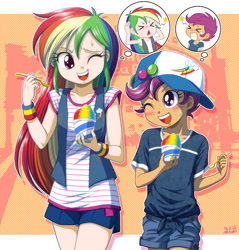 Size: 1100x1149 | Tagged: safe, artist:uotapo, edit, rainbow dash, scootaloo, human, equestria girls, baseball cap, blushing, brain freeze, clothes, colored pupils, cute, cutealoo, dashabetes, denim, female, food, hat, human coloration, ice cream, light skin, one eye closed, open mouth, scootalove, shaved ice, shirt, shorts, sorbet, spoon, thought bubble, uotapo is trying to murder us, vest, wink