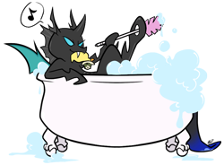 Size: 880x647 | Tagged: safe, artist:egophiliac, oc, oc only, oc:idol hooves, changeling, fanfic:the changeling of the guard, bath, bathing, bathtub, bubble bath, claw foot bathtub, fanfic art, hat, music notes, pith helmet, rubber duck, simple background, transparent background, vector