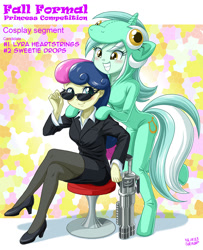 Size: 810x1000 | Tagged: safe, artist:uotapo, bon bon, lyra heartstrings, sweetie drops, equestria girls, adorabon, adoracreepy, clothes, colored pupils, cosplay, creepy, crossed legs, cute, fall formal, fall formal princess competition, female, gun, high heels, irrational exuberance, leg focus, legs, lyra doing lyra things, lyrabetes, men in black, pantyhose, pony costume, role reversal, secret agent sweetie drops, sitting, smiling, stool, sunglasses, that human sure does love ponies, weapon
