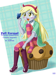 Size: 900x1200 | Tagged: safe, artist:uotapo, derpy hooves, butterfly, equestria girls, blushing, boots, clothes, colored pupils, cosplay, costume, crossover, cute, derpabetes, disney, fall formal, fall formal princess competition, female, muffin, open mouth, pantyhose, sitting, socks, solo, star butterfly, star vs the forces of evil, striped socks, uotapo is trying to murder us, weapons-grade cute