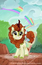 Size: 2342x3581 | Tagged: safe, artist:xsidera, autumn blaze, kirin, sounds of silence, awwtumn blaze, cloud, cloudy, cloven hooves, cute, female, fluffy, fluffy mane, forest, grin, looking at something, looking up, mare, mountain, rain, rainbow, rock, scene interpretation, scenery, signature, smiling, song, squee, tree, weapons-grade cute, xsidera is trying to murder us