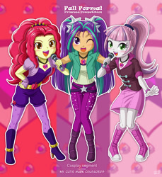 Size: 1101x1200 | Tagged: safe, artist:uotapo, adagio dazzle, apple bloom, aria blaze, scootaloo, sonata dusk, sweetie belle, equestria girls, adorabloom, blushing, boots, clothes, colored pupils, cosplay, cute, cutealoo, cutie mark, cutie mark crusaders, cutie mark cuties, diasweetes, fall formal, fall formal princess competition, female, high heel boots, high heels, jewelry, leggings, looking at you, microphone, necklace, one eye closed, open mouth, pants, pigtails, ponytail, shoes, skirt, socks, the cmc's cutie marks, the dazzlings, trio, twintails, uotapo is trying to murder us, uotapo will kill us all, weapons-grade cute, wig, wink