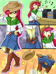 Size: 782x1035 | Tagged: safe, artist:uotapo, apple bloom, equestria girls, somepony to watch over me, accessory theft, applejack's hat, boombox, boots, bottomless, clothes, clothes swap, comic, cowboy boots, cowboy hat, cropped, cute, dancing, denim skirt, fail, funny, hat, music, music notes, oops, open mouth, ouch, oversized clothes, partial nudity, skirt, skirt lift, solo, stetson, tripping