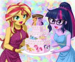Size: 1200x997 | Tagged: safe, artist:uotapo, applejack, fluttershy, pinkie pie, rainbow dash, rarity, sci-twi, sunset shimmer, twilight sparkle, twilight sparkle (alicorn), pony, equestria girls, bipedal, birthday, birthday cake, cake, clothes, colored pupils, cute, dessert, dress, duo, eyes closed, flying, food, glasses, happy, happy birthday, looking at you, mane six, open mouth, plate, pronking, running, shimmerbetes, sleeveless, smiling, spread wings, twiabetes, twolight, uotapo is trying to murder us