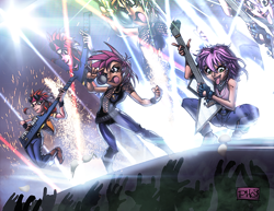 Size: 800x618 | Tagged: safe, artist:phn, apple bloom, scootaloo, sweetie belle, human, crowd, cutie mark crusaders, electric guitar, female, guitar, humanized, rock concert, stage