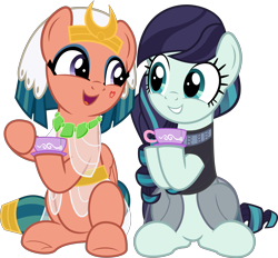 Size: 5769x5361 | Tagged: safe, artist:jhayarr23, coloratura, somnambula, earth pony, pegasus, pony, legends of magic, absurd resolution, clothes, cup, cute, duo, duo female, eye contact, eyeliner, eyeshadow, female, friendshipping, glowpaz, hoofsies, hope, looking at each other, makeup, mare, open mouth, open smile, rara, rarabetes, saucer, see-through, show accurate, simple background, sitting, smiling, smiling at each other, somnambetes, sweet dreams fuel, teacup, transparent background, vector