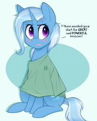 Size: 2000x2500 | Tagged: safe, artist:higglytownhero, trixie, pony, unicorn, abstract background, blushing, clothes, colored pupils, cute, dialogue, diatrixes, female, great and powerful, mare, open mouth, oversized clothes, oversized shirt, shirt, signature, sitting, solo, stuttering, third person, tsundere, tsunderixie, weapons-grade cute