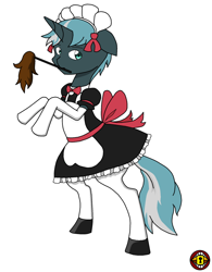 Size: 628x807 | Tagged: safe, artist:slockins101, oc, oc only, oc:idol hooves, changeling, fanfic:the changeling of the guard, bipedal, clothes, crossdressing, disguise, disguised changeling, duster, fanfic, fanfic art, maid, maid outfit, male, mouth hold, simple background, white background