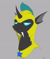 Size: 3988x4724 | Tagged: safe, artist:crazeguy, oc, oc only, oc:idol hooves, changeling, fanfic:the changeling of the guard, armor, bust, fangs, gray background, helmet, male, portrait, royal guard, royal guard armor, sharp teeth, simple background, solo, teeth, unamused