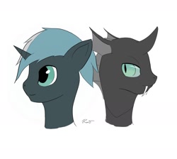 Size: 1668x1493 | Tagged: safe, artist:randagio, oc, oc only, oc:idol hooves, changeling, unicorn, fanfic:the changeling of the guard, bust, disguise, disguised changeling, duo, fanfic art, fangs, simple background