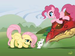 Size: 900x675 | Tagged: safe, artist:phn, angel bunny, fluttershy, pinkie pie, dragon, earth pony, pegasus, pony, rabbit, animal, female, male, mare, quartet, sparks, this will end in tears and/or death