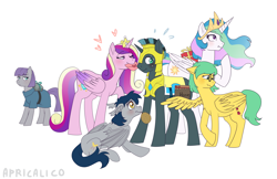 Size: 4398x2850 | Tagged: safe, artist:feellikeaplat, maud pie, princess cadance, princess celestia, oc, oc:idol hooves, oc:mothchaser, oc:topaz showers, alicorn, bat pony, changeling, earth pony, pegasus, pony, fanfic:the changeling of the guard, armor, disguise, disguised changeling, durian, food, honey, letter, love letter, royal guard armor, simple background, unwanted harem, white background