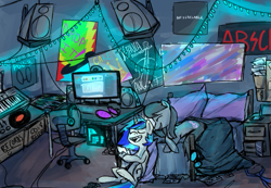 Size: 1055x731 | Tagged: safe, artist:ghost, dj pon-3, octavia melody, vinyl scratch, earth pony, pony, unicorn, bed, bedroom, chair, computer, female, lesbian, mare, mixing console, poster, room, scratchtavia, shipping