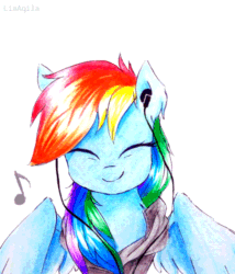 Size: 514x600 | Tagged: safe, artist:liaaqila, artist:szafir87, rainbow dash, pegasus, pony, animated, clothes, cute, dashabetes, earbuds, female, gif, happy, headphones, hoodie, mare, music notes, simple background, smiling, solo, weapons-grade cute, white background