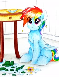 Size: 2322x3061 | Tagged: safe, artist:liaaqila, rainbow dash, pegasus, pony, behaving like a cat, broken vase, chest fluff, cute, dashabetes, feather, flower, flower pot, pure unfiltered evil, sitting, solo, traditional art