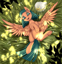 Size: 1500x1528 | Tagged: safe, artist:lightly-san, somnambula, pegasus, pony, cute, dappled sunlight, eyes closed, eyeshadow, female, frog (hoof), grass, lying down, makeup, mare, on back, overhead view, pony-way is trying to kill us, solo, somnambetes, spread wings, sweet dreams fuel, underhoof, weapons-grade cute, wings