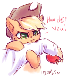 Size: 806x901 | Tagged: safe, artist:inowiseei, applejack, earth pony, human, pony, :3, angry, apple, applecat, arm, behaving like a cat, bipedal, biting, cowboy hat, cute, dialogue, disembodied arm, disembodied hand, ear fluff, ear tufts, female, food, glare, hand, hat, hug, jackabetes, looking at you, madorable, mare, missing freckles, nom, offscreen character, silly, silly pony, simple background, solo focus, sweet dreams fuel, text, that pony sure does love apples, white background, who's a silly pony