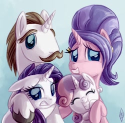 Size: 724x709 | Tagged: safe, artist:whitediamonds, cookie crumbles, hondo flanks, rarity, sweetie belle, pony, unicorn, cookieflanks, cute, earring, family, family photo, female, filly, floppy ears, grimace, male, mare, rarity's parents, stallion