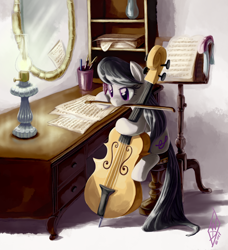 Size: 1094x1200 | Tagged: safe, artist:whitediamonds, octavia melody, earth pony, pony, bow (instrument), cello, female, lamp, mare, mirror, mouth hold, musical instrument, photoshop, quill, sheet music, sitting, solo, writing