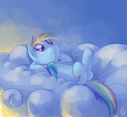 Size: 776x716 | Tagged: safe, artist:whitediamonds, rainbow dash, pegasus, pony, 2011, cloud, crossed legs, cutie mark, female, hooves, looking up, lying down, lying on a cloud, mare, on a cloud, on back, sky, solo