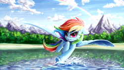 Size: 4098x2304 | Tagged: safe, artist:rysunkowasucharia, rainbow dash, pegasus, pony, 16:9, beach, beautiful, cloud, cute, dashabetes, female, floppy ears, flying, high res, looking at you, mare, mountain, outdoors, plant, rainbow, scenery, scenery porn, skimming, sky, smiling, smirk, solo, splashing, spread wings, thick eyebrows, wallpaper, water, wings