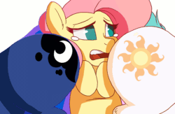 Size: 750x489 | Tagged: safe, artist:zonkpunch, edit, fluttershy, princess celestia, princess luna, pony, adorable distress, animated, blinking, bully, bullying, butt bump, crying, cute, facesitting, female, flutterseat, frame by frame, frown, funny, funny as hell, gif, moonbutt, open mouth, plot, plot sandwich, recolor, royal sisters, shyabetes, simple background, squishy cheeks, stuck, sunbutt, white background