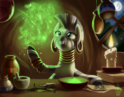 Size: 2560x2000 | Tagged: safe, artist:whitediamonds, nightmare moon, zecora, alicorn, pony, zebra, luna eclipsed, alchemist, alchemy, candle, cute, daily deviation, drawing, earring, female, full moon, glow, herbs, high res, mare in the moon, moon, mortar and pestle, night, nightmare night, zecorable