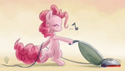 Size: 978x560 | Tagged: safe, artist:whitediamonds, pinkie pie, earth pony, pony, bipedal, cute, diapinkes, eyes closed, female, happy, mare, music notes, solo, vacuum cleaner