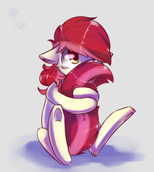 Size: 1348x1507 | Tagged: safe, artist:suplolnope, roseluck, earth pony, pony, blushing, cheek fluff, covering, cute, cuteluck, daaaaaaaaaaaw, diabetes, female, floppy ears, fluffy, gray background, hair over one eye, hug, leg fluff, looking at something, looking up, mare, messy mane, shadow, shy, signature, simple background, sitting, solo, sweet dreams fuel, tail fluff, tail hug, underhoof, weapons-grade cute