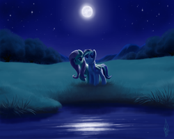 Size: 2000x1600 | Tagged: safe, artist:whitediamonds, fluttershy, rainbow dash, pegasus, pony, female, flutterdash, lake, lesbian, moon, night, photoshop, scenery, shipping, stars, water, winghug