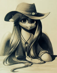 Size: 1603x2046 | Tagged: safe, artist:katputze, fluttershy, pegasus, pony, bracelet, cowboy hat, cute, floppy ears, fluffy, grin, hat, jewelry, looking at you, monochrome, necklace, portrait, sepia, simple background, smiling, solo, stetson, traditional art