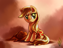 Size: 1020x781 | Tagged: safe, artist:whitediamonds, applejack, earth pony, pony, female, hat, loose hair, mare, sad