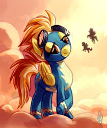 Size: 776x926 | Tagged: safe, artist:whitediamonds, spitfire, pegasus, pony, clothes, cloud, cloudy, cutefire, female, flying, looking at you, mare, uniform, wonderbolts uniform