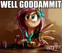 Size: 702x600 | Tagged: safe, artist:whitediamonds, fluttershy, pegasus, pony, the best night ever, drunk, drunkershy, female, image macro, mare, reaction image, solo, text, vulgar