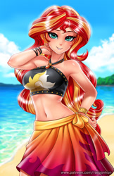 Size: 750x1160 | Tagged: safe, artist:racoonsan, sunset shimmer, human, better together, equestria girls, forgotten friendship, adorasexy, armpits, beach, beach babe, beautiful, beautisexy, belly button, bikini, bikini babe, black swimsuit, bracelet, breasts, clothes, cloud, cute, cutie mark swimsuit, female, geode of empathy, hand on hip, human coloration, humanized, jeweled swimsuit, jewelry, looking at you, magical geodes, midriff, necklace, praise the sunset, sand, sarong, sexy, shimmerbetes, sky, smiling, solo, stupid sexy sunset shimmer, summer sunset, sunset jiggler, sunset selfie, swimsuit, water