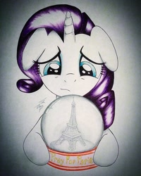 Size: 768x960 | Tagged: safe, artist:theasce, rarity, pony, unicorn, eiffel tower, floppy ears, mouthpiece, paris, sad, snow globe, solo, stand with paris, traditional art