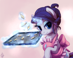 Size: 2500x2000 | Tagged: safe, artist:whitediamonds, rarity, pony, unicorn, alternate hairstyle, apron, baking, bedroom eyes, clothes, cookie, cute, female, food, high res, looking at you, magic, mare, raribetes, smiling, solo