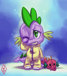 Size: 800x900 | Tagged: safe, artist:whitediamonds, spike, dragon, baby, baby dragon, clothes, cute, fangs, footed sleeper, green eyes, groggy, male, one eye closed, pajamas, plushie, signature, simple background, sleepy, solo, spikabetes, tired, toy, watermark, zipper