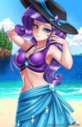 Size: 750x1160 | Tagged: safe, artist:racoonsan, rarity, human, better together, equestria girls, forgotten friendship, arm behind head, armpits, beach, beach babe, beautiful, belly button, breasts, clothes, cloud, ear piercing, earring, female, geode of shielding, hat, humanized, jewelry, looking at you, magical geodes, midriff, nail polish, necklace, piercing, sarong, sexy, sky, smiling, solo, stupid sexy rarity, sun hat, swimsuit, water