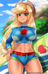 Size: 750x1160 | Tagged: safe, artist:racoonsan, applejack, equestria girls, equestria girls series, forgotten friendship, abs, adorasexy, applejack's hat, applejacked, applerack, beach, belly button, big breasts, breasts, clothes, cowboy hat, cute, female, freckles, geode of super strength, hat, jackabetes, jewelry, looking at you, magical geodes, midriff, muscles, necklace, ocean, sand, sexy, solo, stupid sexy applejack, surfboard, swimsuit, thighs
