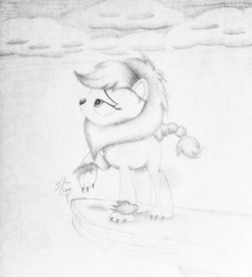 Size: 768x846 | Tagged: safe, artist:theasce, applejack, earth pony, pony, scare master, applelion, clothes, costume, monochrome, nightmare night, solo, traditional art