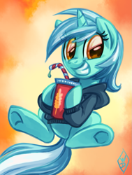 Size: 701x928 | Tagged: safe, artist:whitediamonds, lyra heartstrings, pony, unicorn, fanfic:background pony, abstract background, clothes, cup, drink, female, grin, hoodie, mare, smiling, soda, solo